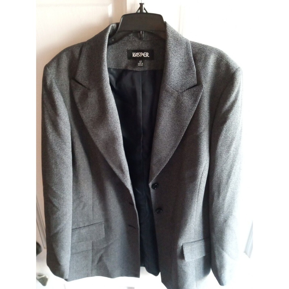 Sz 12 Kasper Women Gray Black Suit Jacket Blazer‎ Pocket Button Collar Pinstripe